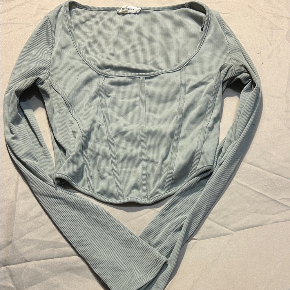 Bear Dance Ribbed Long Sleeve Top in Light Blueish-Gray